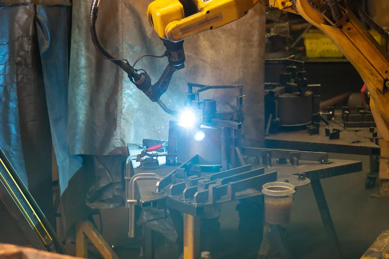A robotic welder joining steel parts in the Bear Lake shop