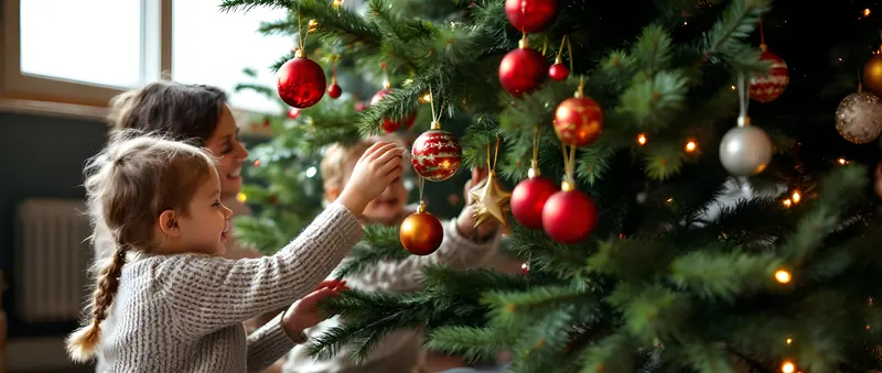 A grandmother and children hanging ornaments on the tree
