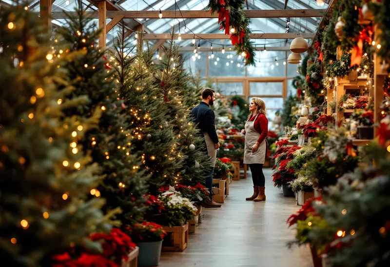 Inside a garden center with fresh cut Christmas trees and poinsettias