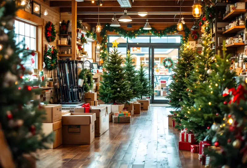 A small town hardware store decorated for Christmas