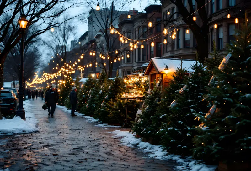 A city Christmas tree lot at dusk with strings of lights